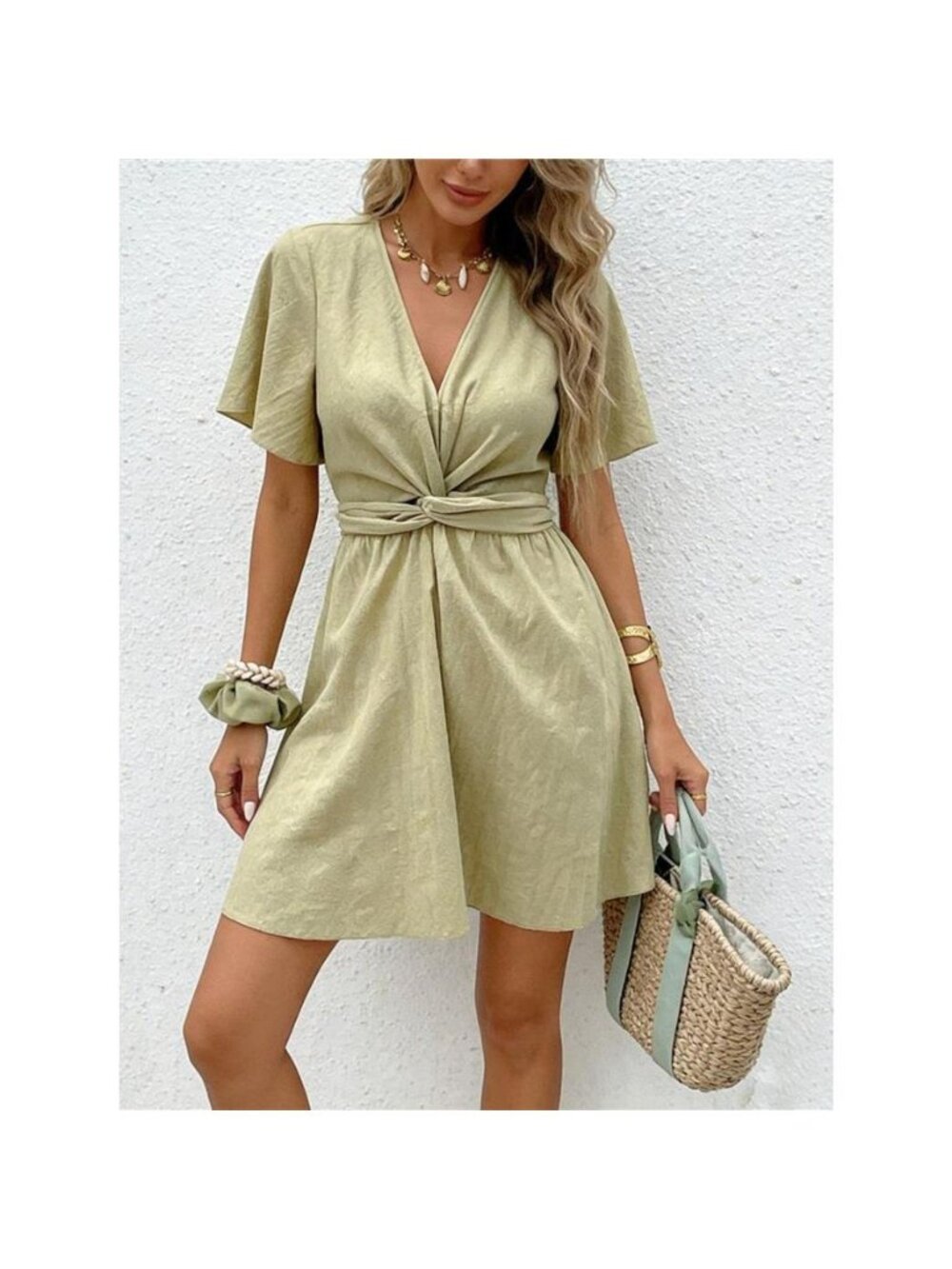 Twist Waist Flutter Sleeve Mini Dress